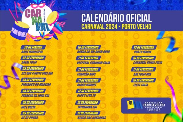 Programação do Carnaval 2024 em Porto Velho é atualizada