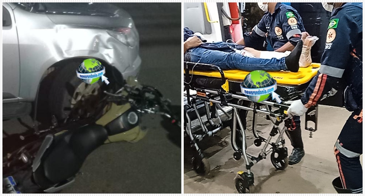 Grave acidente entre caminhonete e moto em cruzamento deixa casal lesionado no centro de Porto Velho