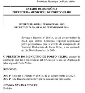 www.deixaeutefalar.com.br Prefeito Hildon Chaves voltou atrás e cancelou a inauguração da nova rodoviária, revogando o decreto que havia autorizado o evento.