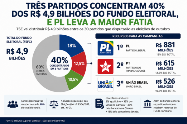 Três partidos concentram 40% dos R$ 4,9 bilhões do Fundo Eleitoral, e PL leva a maior fatia