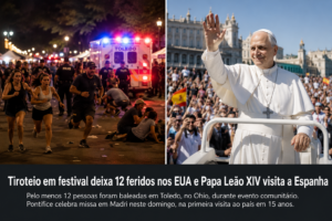 Tiroteio em festival deixa 12 feridos nos Estados Unidos e Papa Leão XIV visita a Espanha Tiroteio em festival deixa 12 feridos nos Estados Unidos e Papa Leão XIV visita a Espanha